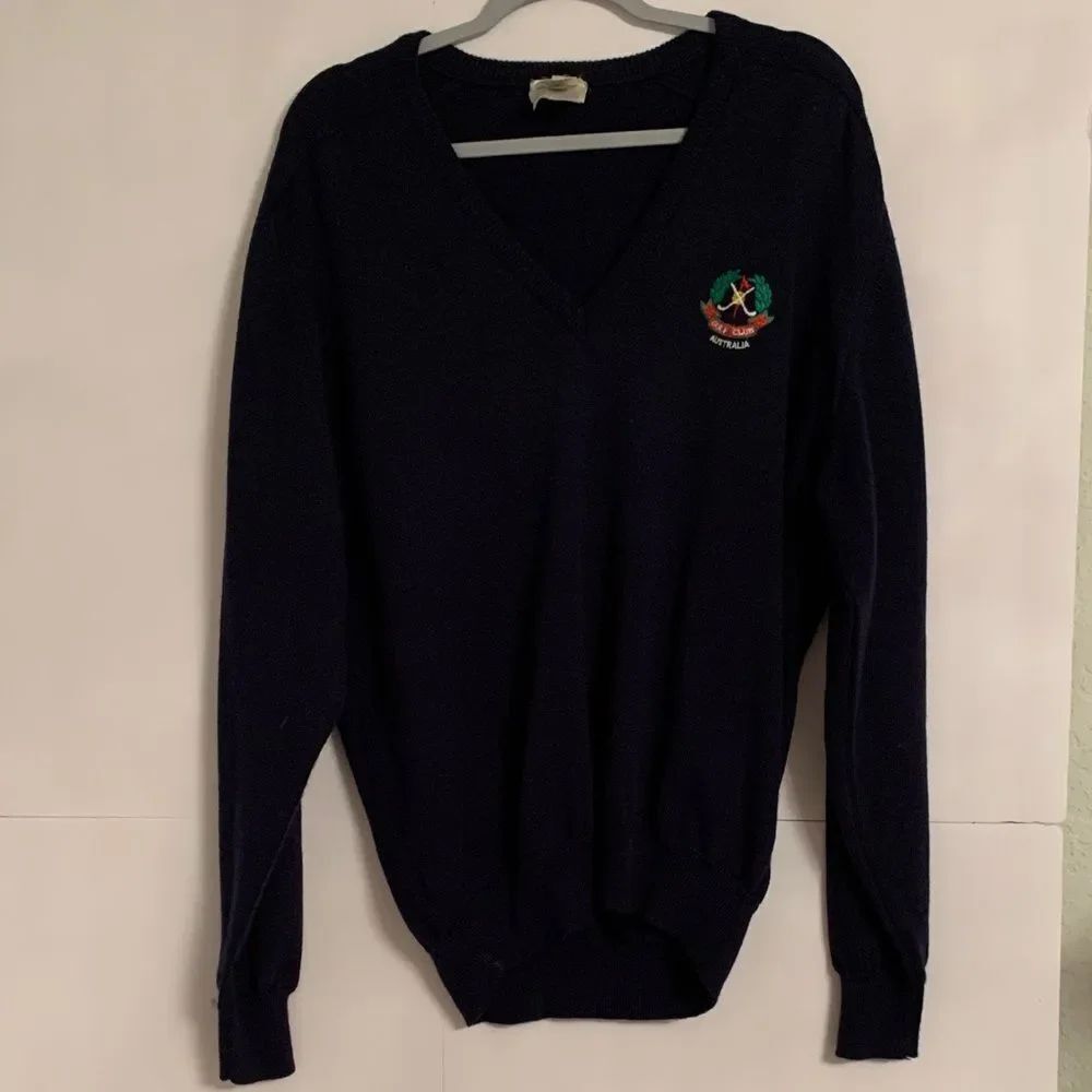 Just Australian Navy Wool V-Neck Sweater with Embroidered Logo Size XXL